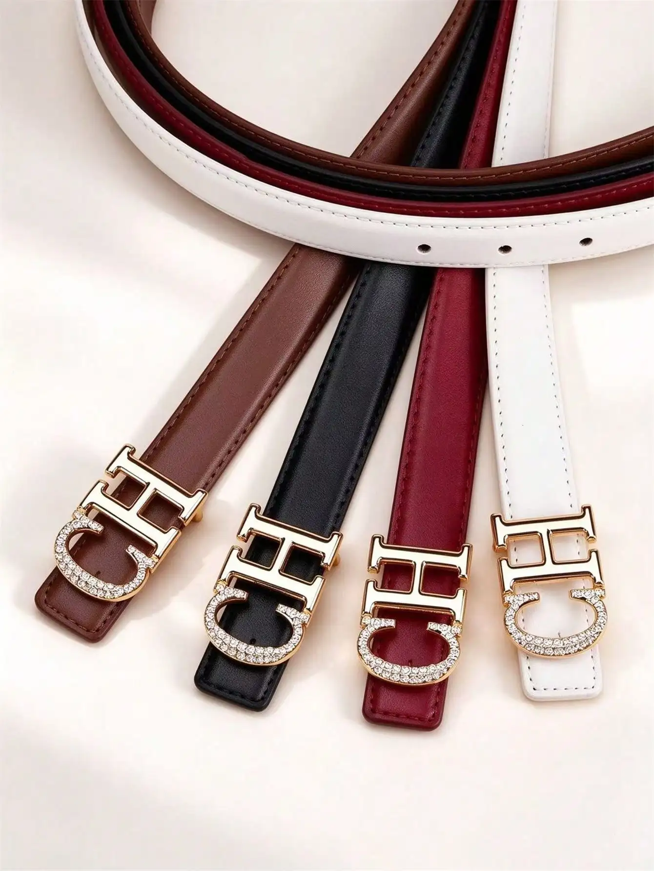 Ladies Thin Leather Belt with CH Crystal Rhinestone Gold Buckle, Elegant Decorative Waistband for Pants Skirt Dress, Multi‑Color