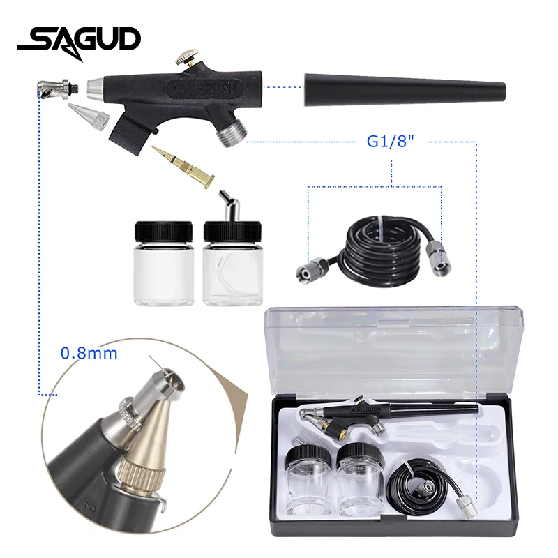 SAGUD 0.8mm Airbrush Set 1/8 Interface With 22cc Spray Cup and Air Hose Parts Suitable for Painting Manicure Model Tattoo Cake