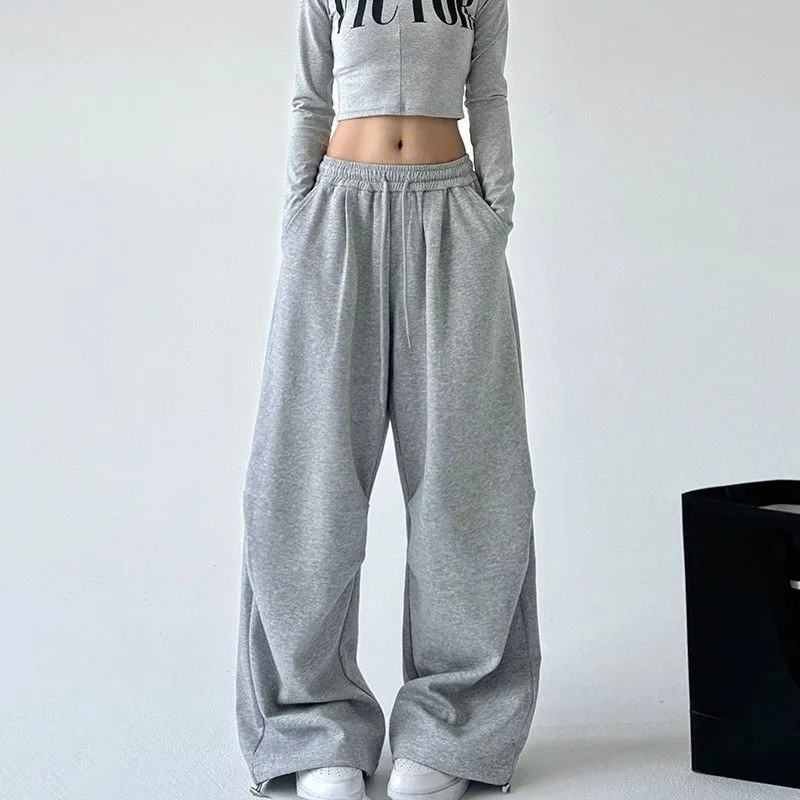 Women's Drawstring Wide Leg Sweatpants Elastic Loose Straight Leg Casual Jogger Trousers with Pockets for Daily Streetwear Pants
