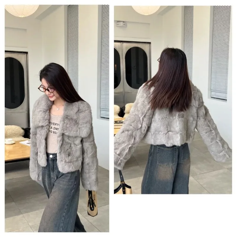2026 جديد الثقيلة الأرنب الفراء سترة نسائية بسيطة التنقل قصيرة التلبيب الحراري يظهر أرنب الفراء الملمس معطف مستوى المظهر العالي