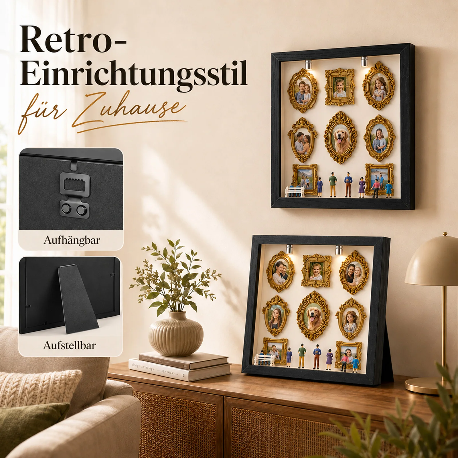 Mini Musée en Boîte Silhouette DIY, Ensemble de 8 Mini Cadres Dorés et 8 Figurines Aléatoires, Cadre Photo Créatif avec Lumière LED, Idéal pour Cadeaux d'Anniversaire Amis