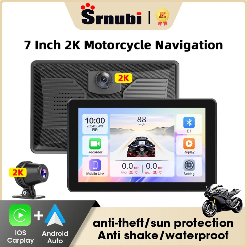 

7inch Dual 2K Lens Motorcycle Multimedia GPS Navigation Motorcycle DVR Wireless CarPlay Android Auto Display Screen Moto Monitor
