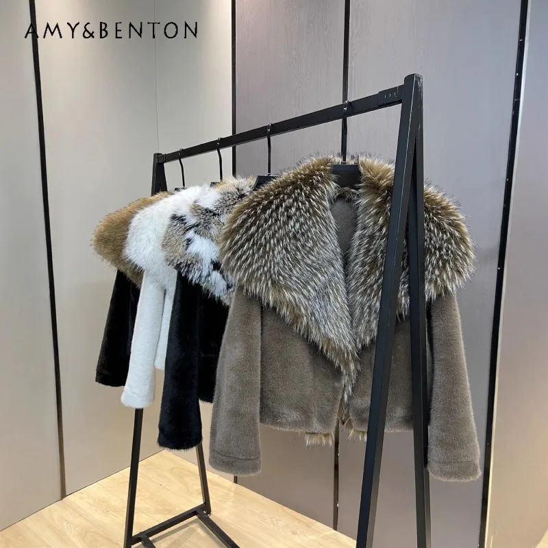

Soft Comfortable Fur Coat 2025 Autumn Winter New Large Furry Collar Short Faux Mink Fur One-Piece Furry Coat Outerwear Ladies