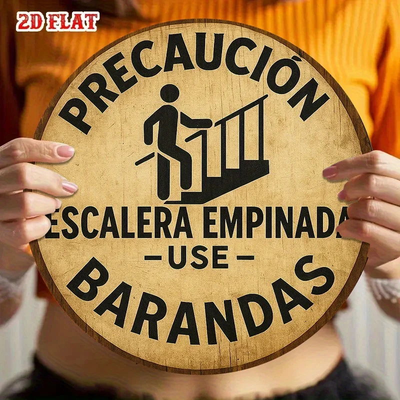 2D Metal Sign 8x8 Inch Round Aluminum Plaque Caution Steep Staircase Warning Vintage Style Wall Decor for Office Shop Cafe Bar R