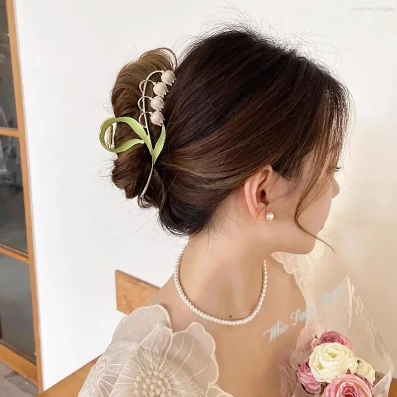 Gancho pérola elegante para menina lírio do vale flor forma pérola garra decoração cabelo rabo de cavalo clipe de tubarão, chapelaria