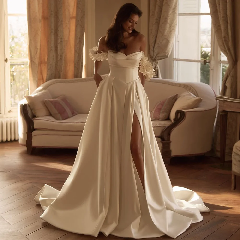 Delicate 3D Flower Customized Wedding Dress with Off the Shoulder Elegant A-Line Sweetheart Bridal Gown Side Slit Robe de mariée