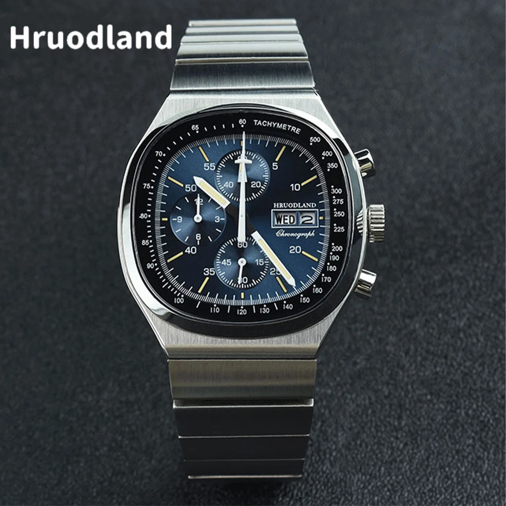 Hruodland New F022 Retro Quartz Chronograph Men Watches Sapphire Glass Blue Black Stainless Steel Fashion Dress Wristwatch
