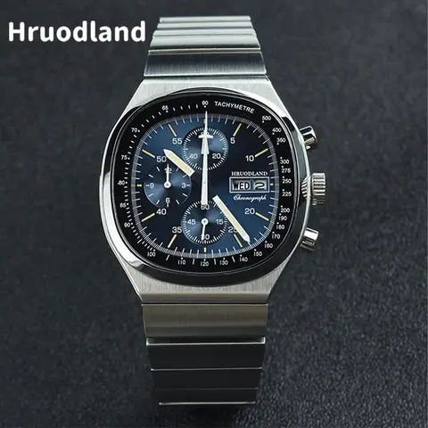 Hruodland 새로운 F022 레트로 쿼츠 크로노그래프 남성 시계 사파이어 글라스 블루 블랙 스테인리스 스틸 패션 드레스 손목시계