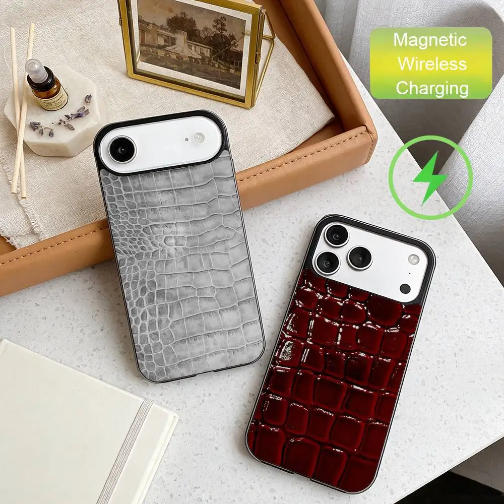 

Crocodile Skin Phone Case For iPhone17,16,15,14,13,12,11 Plus,For Magnetic Wireless Charge Cover