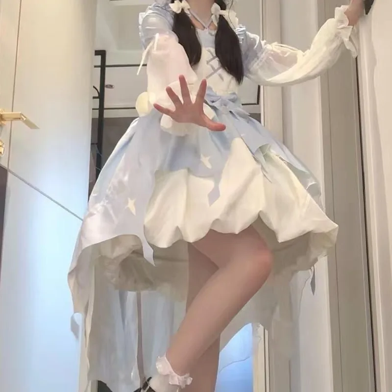 Vestidos de arco bolo vestido gótico japão kawaii y2k lolita azul branco preto renda escavada manga comprida vestido pulôver em camadas novo