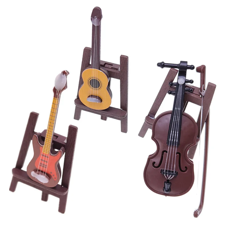 Miniature Dollhouse Christmas Wooden Violin & Guitar, Micro Scene Models, Toy Musical Instruments