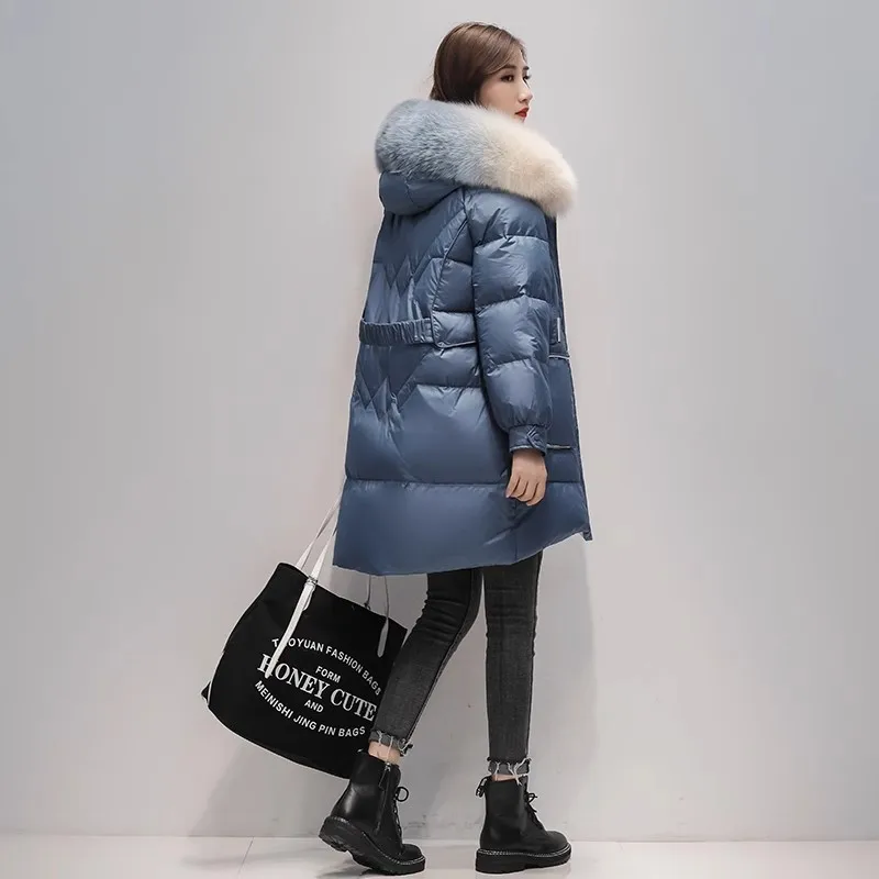 Medium long down Jacket for women Winter 2025 New Fashion Big fur collar White duck down Thick Coat Female Warm Parka Overcoat