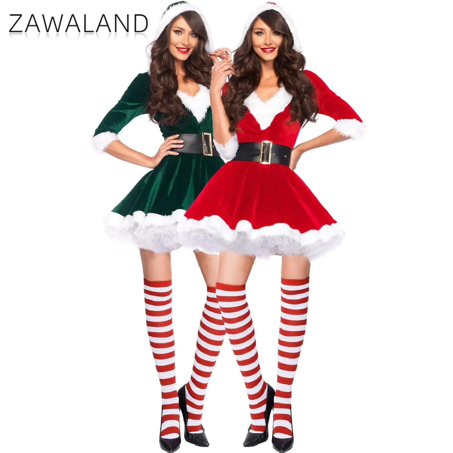 

Zawaland Women Christmas Santa Claus Costume Red Green Velvet Xmas Dress Hooded Dress with Belt Performace Party Cosplay Outfit