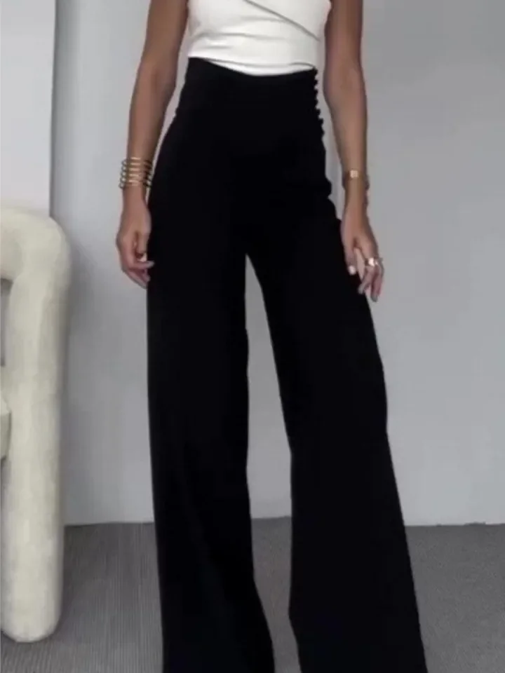 패션 트렌디 팬츠 세트 여성 슬랜트 칼라 오프숄더 탑 하이웨이스트 와이드 레그 바지 투피스 세트 여성 스트리트웨어 2025