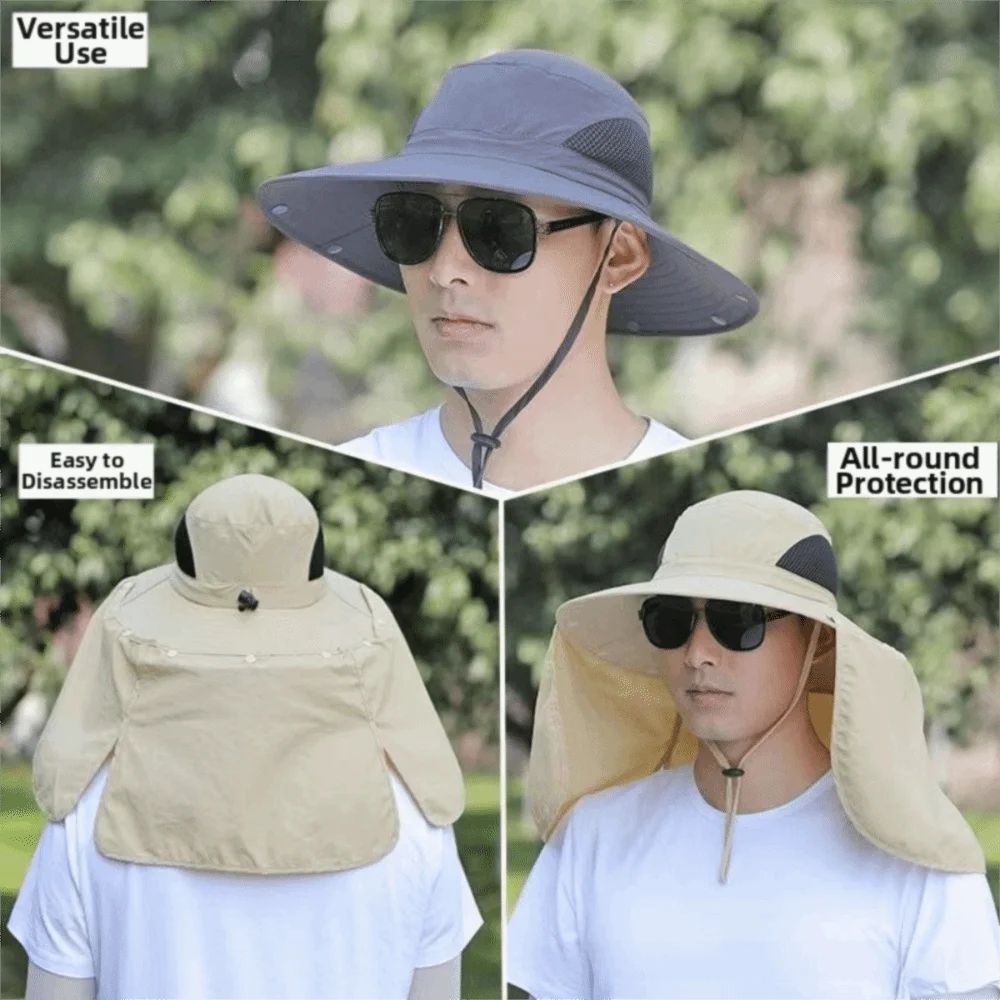 Fashion Cloth Men Sun Hat Big Brim Removable Shawl Women Visor Cap With Lanyard Neck Protection Fisherman Hat Fishing view 4