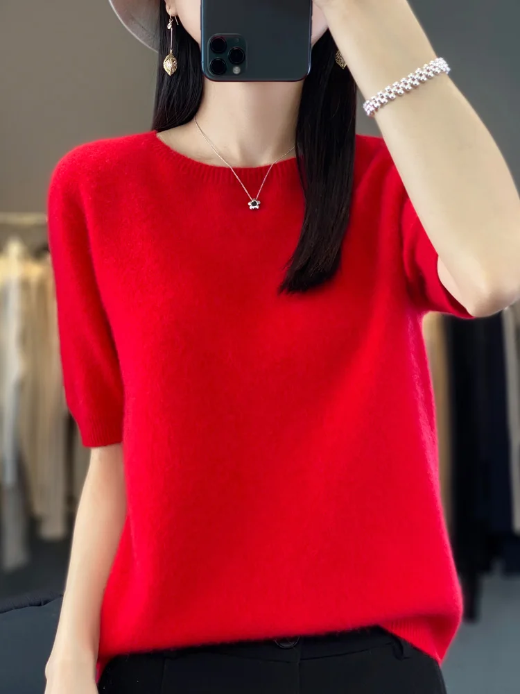 Fashion 100% Merino Wool Women Tops Knitwear Sweater O-Neck Half Sleeve Cashmere Pullover Spring Autumn Clothing Jumper Soft