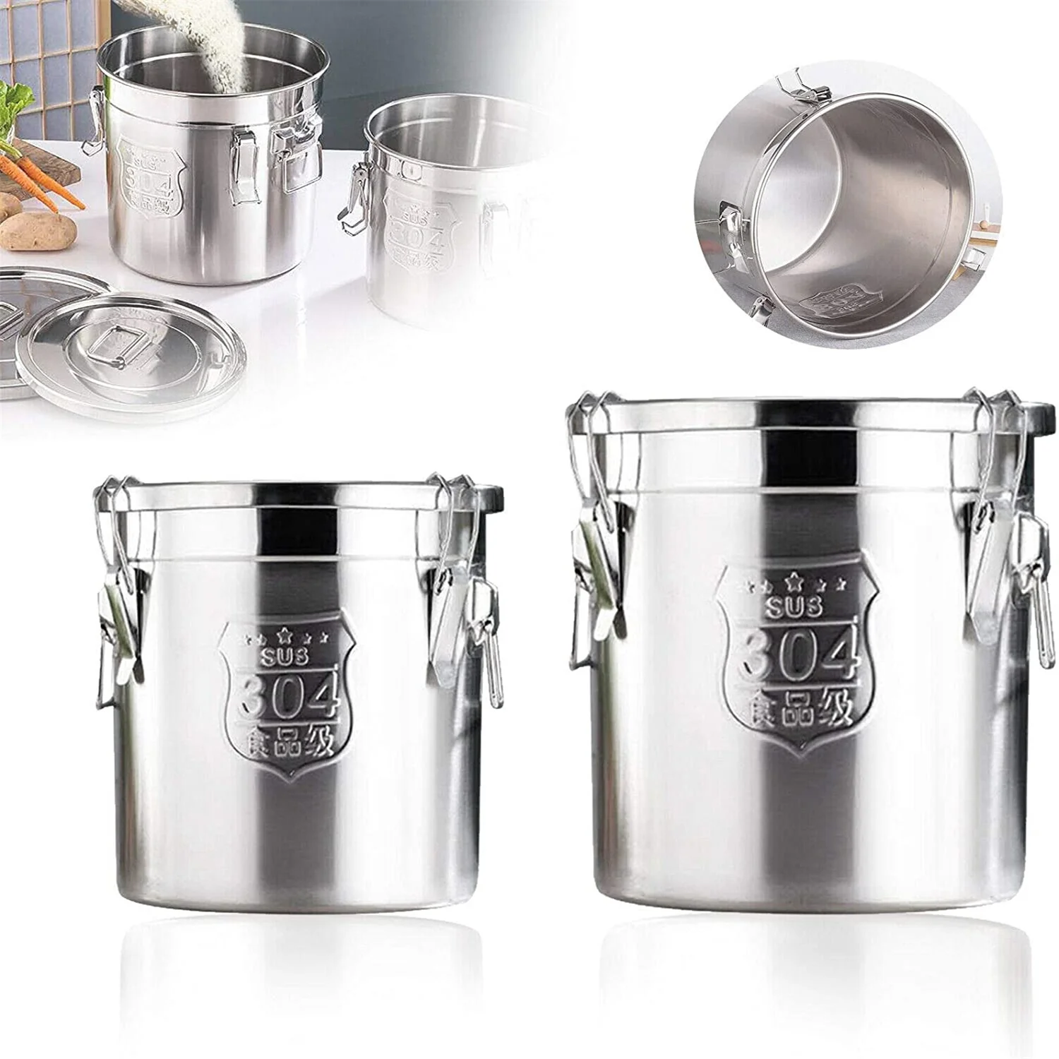 

6L/12L Stainless Steel Airtight Canister With Locking Clamp Grain Containers Bucket Kitchen Food Storage Container