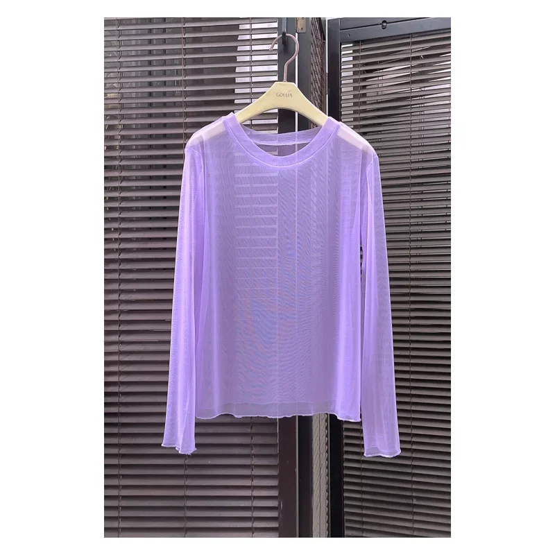 Zik Hekiy Women Long-Sleeved T-Shirt Summer New Sunscreen Clothing Candy-Colored Mesh Bottoming Shirt Thin Layered Inner Top