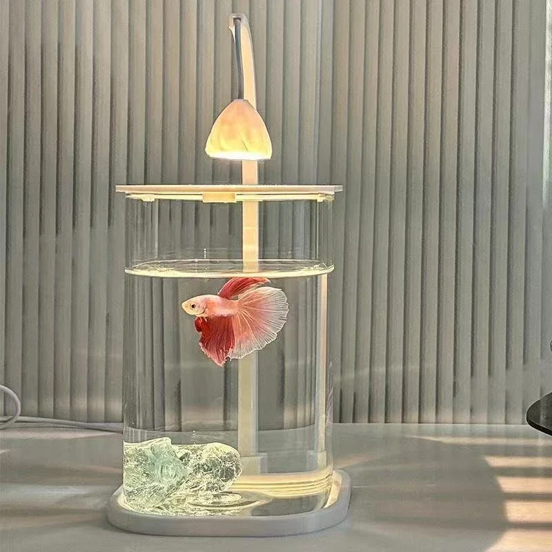 Glass Mini Fish Tank with Ice Crystals and Pearl Rhinestone Eco Desktop Betta Aquarium Complete Set for Home Table Decor Gift