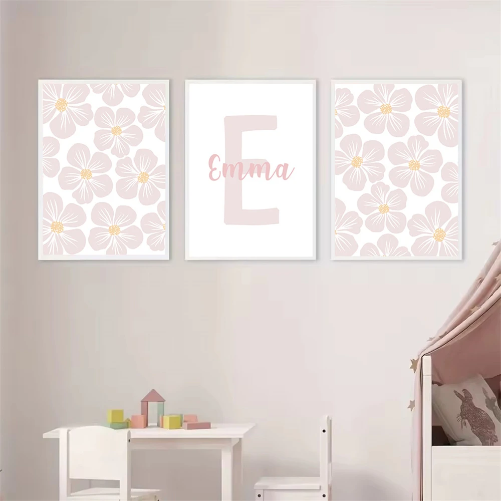 Personalized Custom Name Canvas Poster Painting Cartoon Pink Daisy Wall Art Print Picture Nursery Living Child Room Home Decor