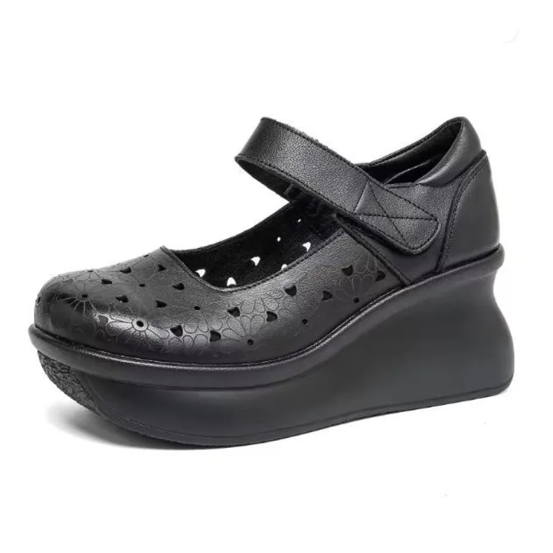

7cm Genuine Leather Shoes Wedges Women Sandals 2026 New Spring Summer Hook & Loop Hollow Platform Sandals Height Increasing