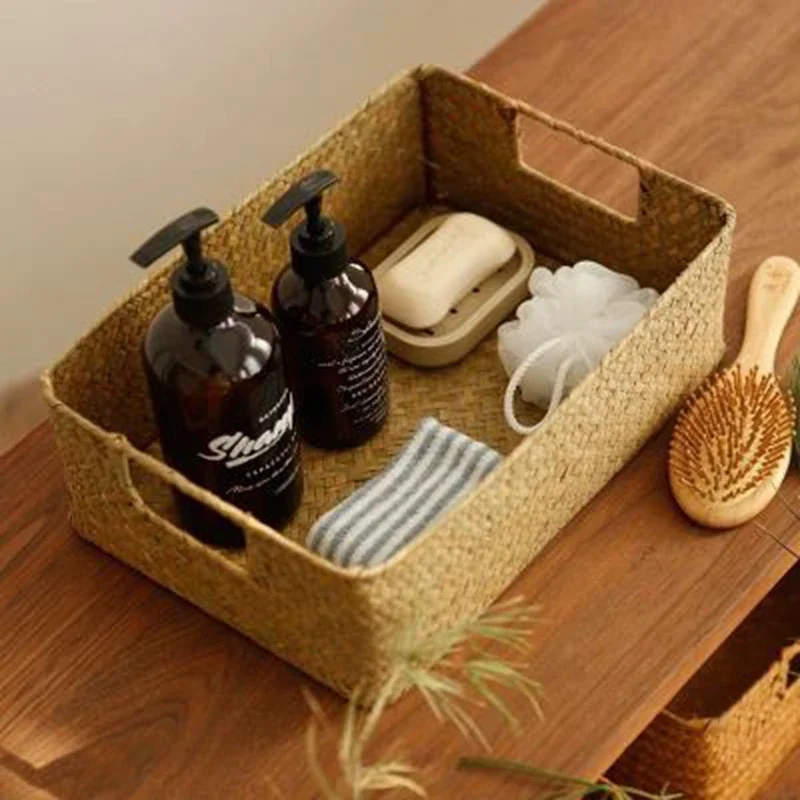 Natural Woven Seagrass Rattan Wicker Storage Basket Decorative Home Organizer for Fruit Bread Towels Kitchen Table Countertop