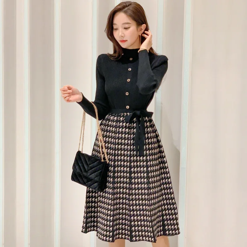 

Korean Elegant Knitted Plaid Patchwork Midi Dress for Women Long Sleeve O-neck Bird Lattice Bow Pleated Dress Autumn Winter 2025