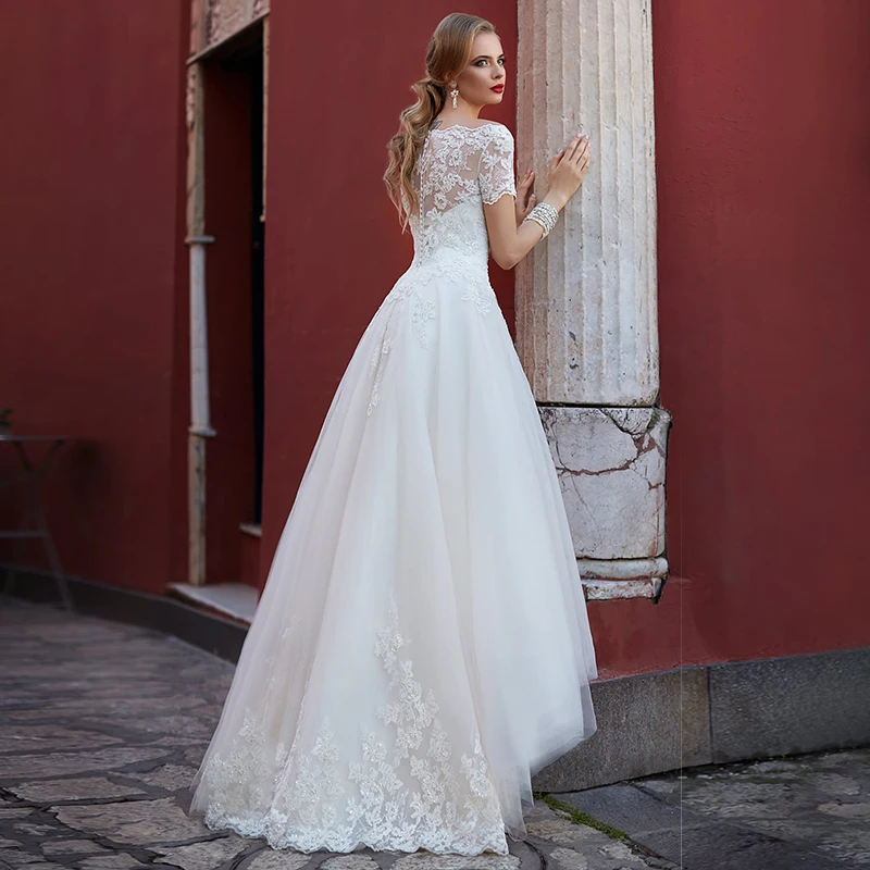 Vestidos de casamento longos para mulheres, lindos vestidos de noiva, apliques de renda com gola alta, princesa tule linha A, robe fashion