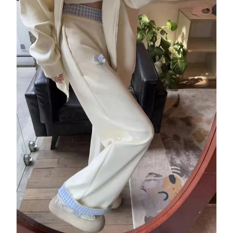 Plaid Patchwork Pants Women's Relaxed and Casual Spring and Summer New High Waist Cute Wide Leg Straight Pants Simple Fashion