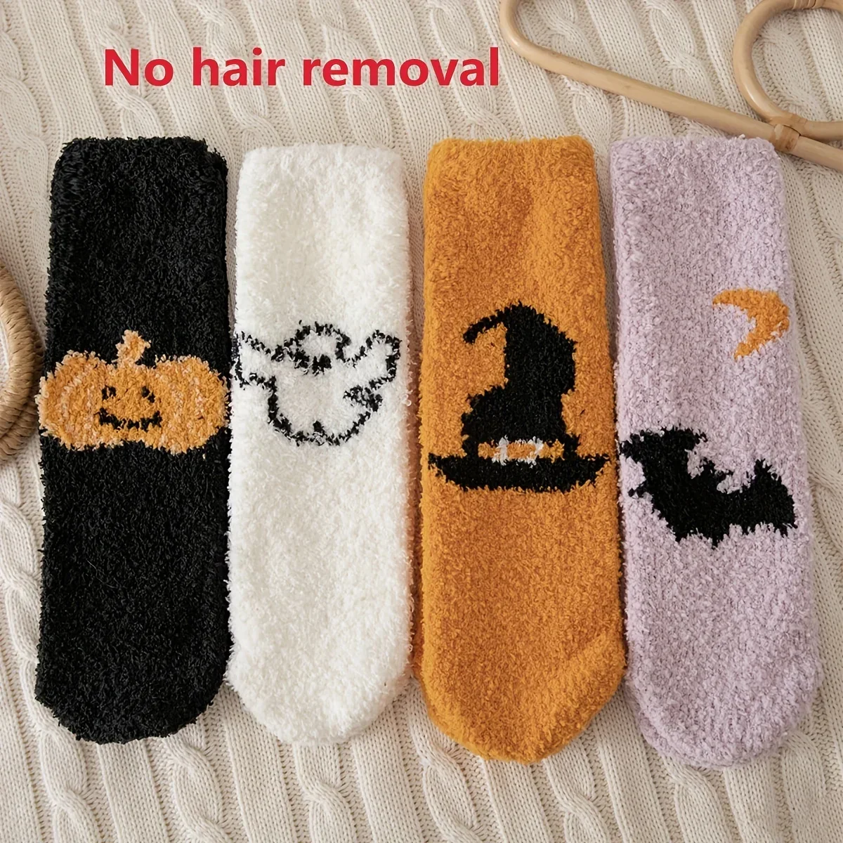 4 Pairs Pumpkin & Bat Print Socks, Cute & Funny Halloween Fuzzy Socks, Women\'s Stockings & Hosiery