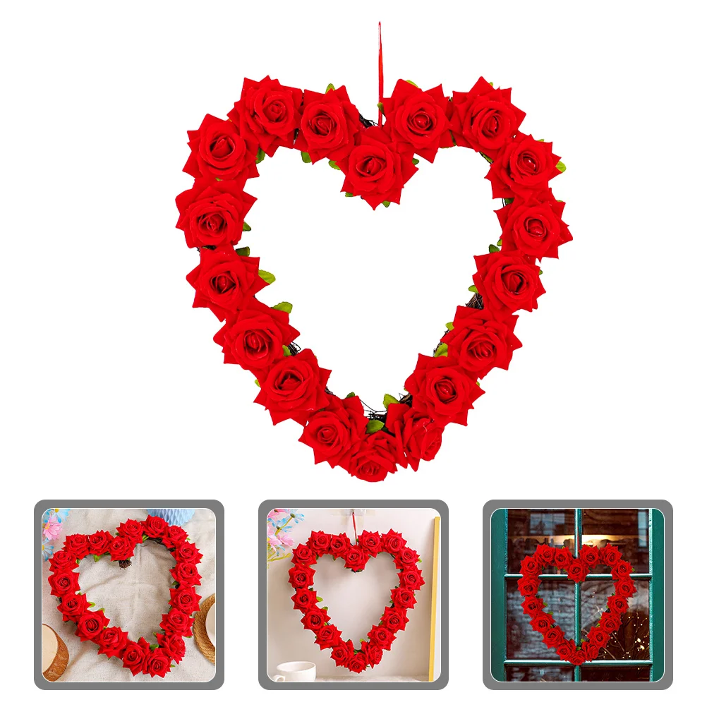 

Heart-Shaped Garland Wreath Red Roses Valentine Door Decor Wedding Party Holiday Artificial Flower Wreath Hanging Wall