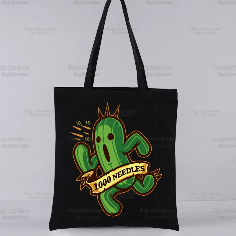 Final Fantasy Cactus Print Canvas Tote Black Bags Harajuku Casual Tote Eco Shopper Game Cloud Strife Buster Shoulder Bags