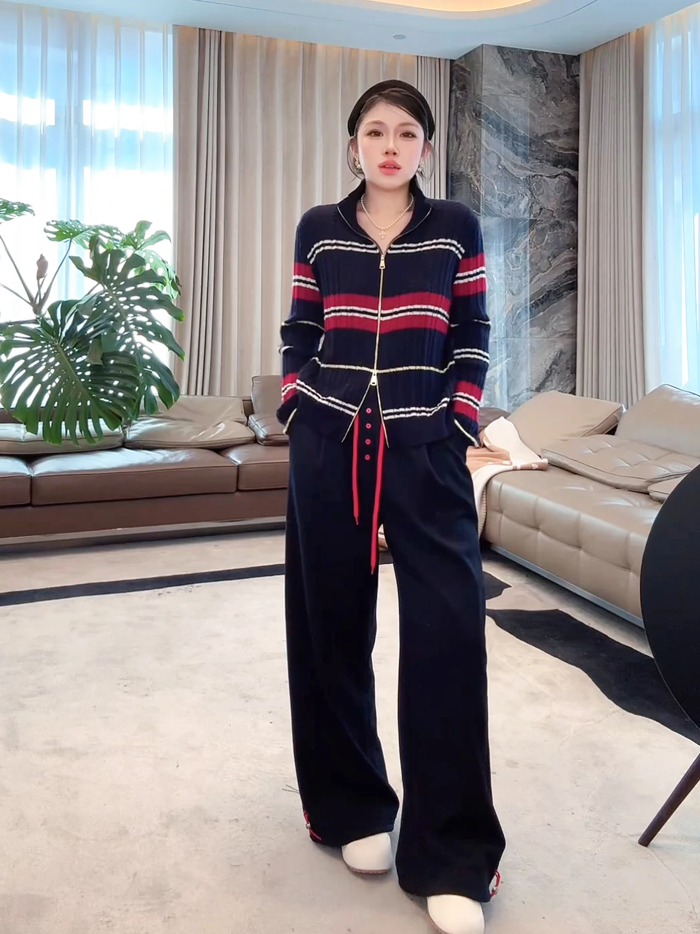 

Художественный вязаный свитер в полоску из смесовой шерсти, универсальный, стройнящий, MiaoMiao Night ME Home Yang Long Sve, средней длины, свободного кроя