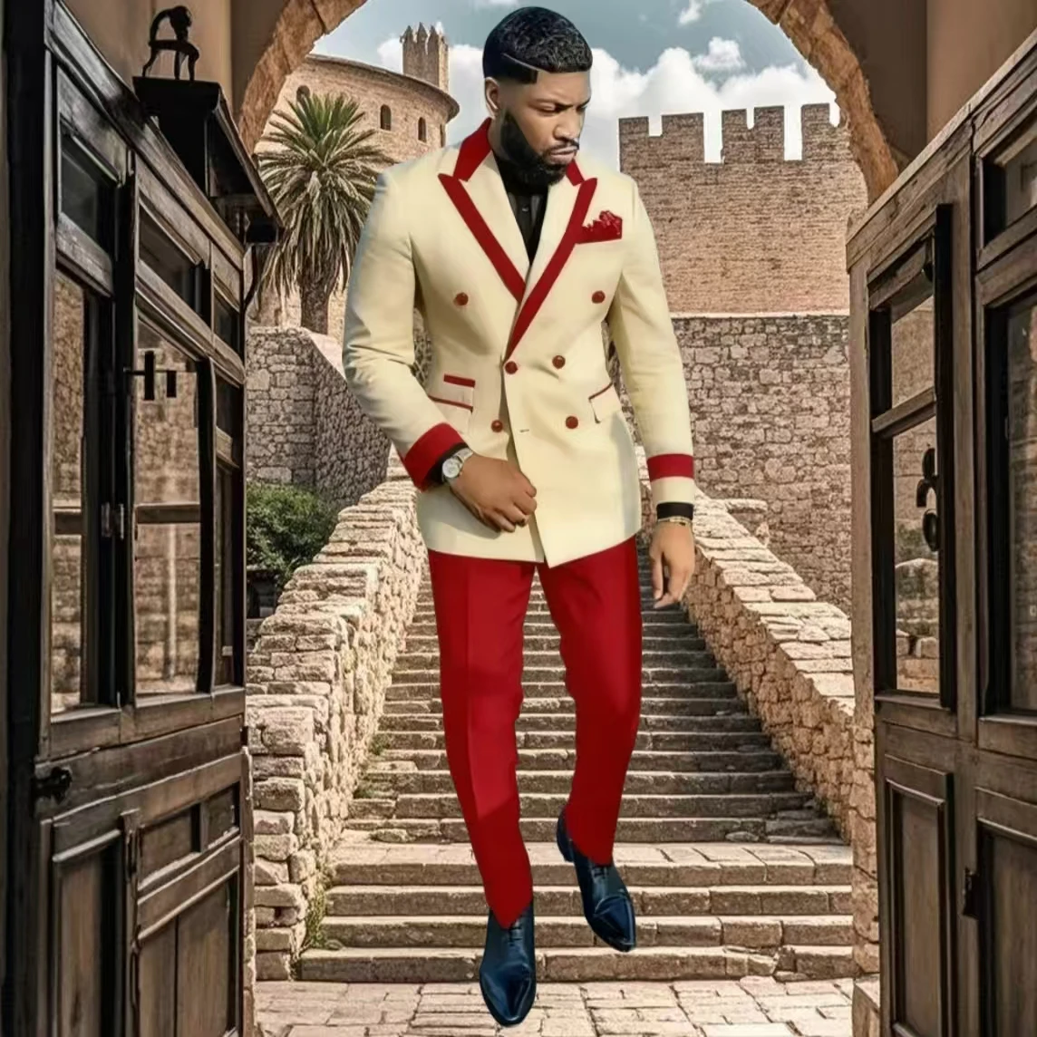 Elegant Men's 3-Piece Blazer Suit Set Colorful Double-Breasted Vest And Pants with Creative Design for Formal Occasions
