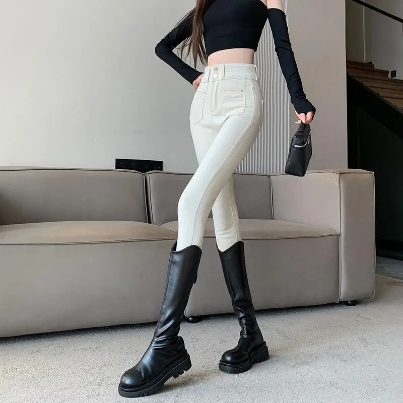 Women's White Skinny Jeans High Waist Stretch Denim Pants Fleece Lined Ankle Length Slim Fit Pencil Trousers For Spring Autumn