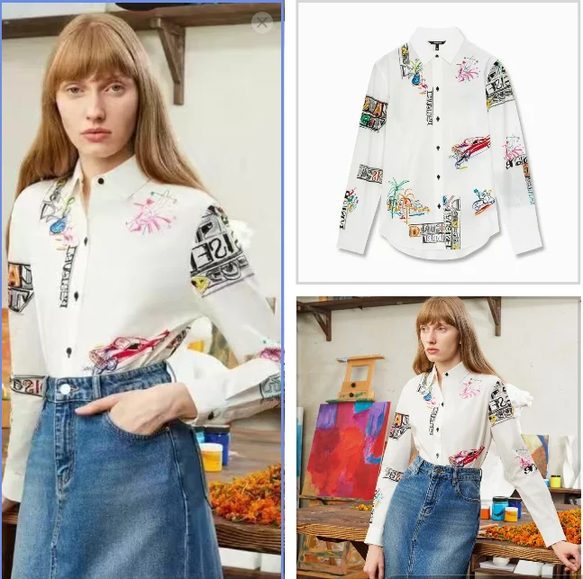 Foreign trade original single Spanish print fashion lapel loose casual shirt