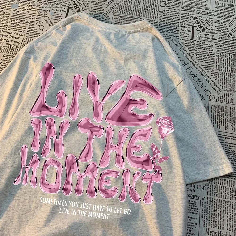 Fashion Woman T-Shirts Live in The Moment Letter Printing Tees Breathable O-Neck Summer Street Female Clothes Aesthetic Clothes