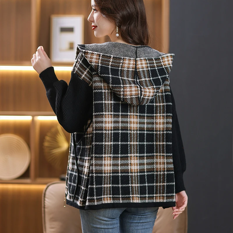 Women's Hooded Zipper Lattice Cardigan Middle-aged and Elderly Mothers Sweater Knitted Coat Casual Outwear Autumn Winter New