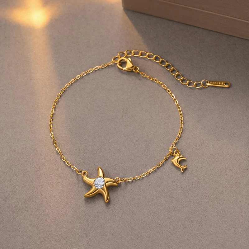 EILIECK 316L Edelstahl Seestern Delfin Zirkon Anhänger Halskette Armband Set für Damen Trendiger Wasserdichter Strand-Schmuck Geschenk – Detail 13
