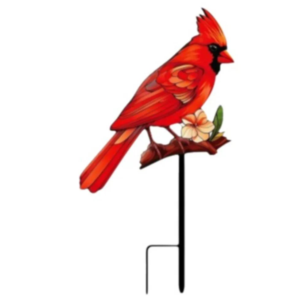 2D Flat Red Bird Garden Stake Handmade Iron Flower Branch Ground Plug Funny Animals Pattern Metal Garden Stake Yard Ornament