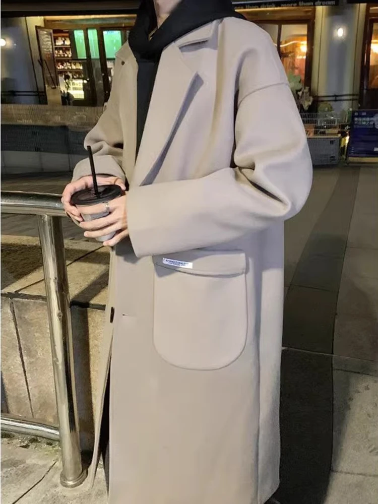 

Men's Mid-Length Woolen Coat Autumn Winter Faion Briti Sle Knitwear Outerwear Trendy Over-Knee Windbreaker Haome