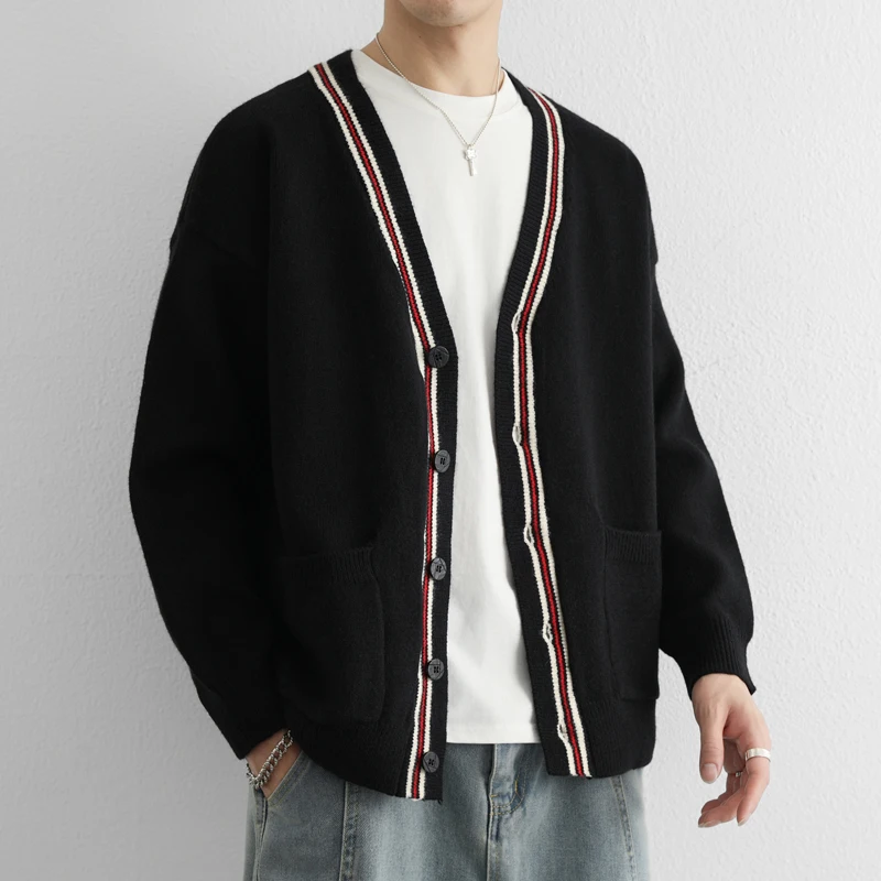 

Мужской вязаный свитер с V-образным вырезом, тонкий, свободного кроя, повседневный, осенняя верхняя одежда, удобный, из смеси полиэстера и нейлона, с длинными рукавами