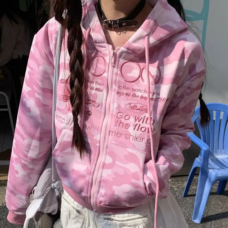 

Subculture 2000s American Vintage Printed Jacket with Hooded Women Long Sleeve Gothic Sweatshirts Female Outwear Harajuku Coats