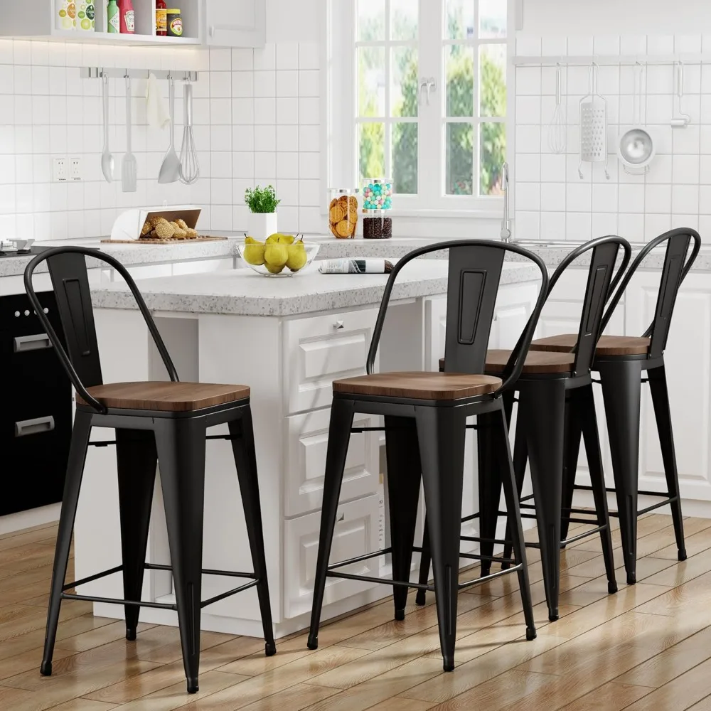 

Barstools Set of 4 Counter Height Bar Stools for Kitchen Island Farmhouse Metal High Back Bar Chairs Wooden Seat 24" Matte Black