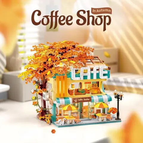 MOC 2026 New Autumn Coffee Shop Store Building Blocks Set Leisure Time Drink House Idea Toys For Children Birthday Holiday Gifts