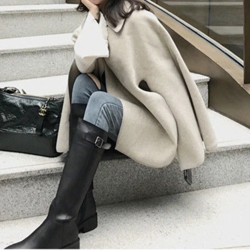 Women's Woolen Cape Coat for Autumn and Winter, Loose-fitting Cape Shawl, Short Top Woolen Coat for Women
