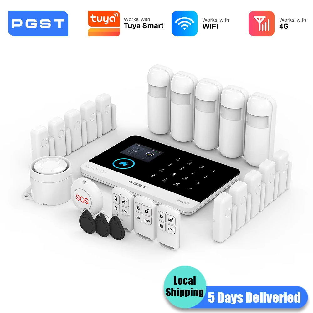 PGST Einbruchmelder Set intelligent WiFi 4G Works with Tuya Smart Life drahtloses Sicherheitssystem für Haus Wohnung Büro App Steuerung einfache Installation ohne monatliche Gebühren
