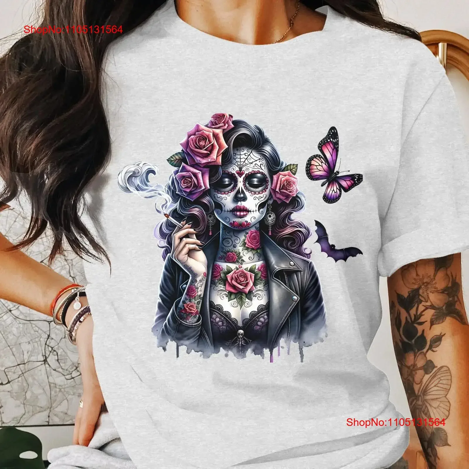 القوطية السكر الجمجمة كليبارت للتسامي فوري الأبيض تي شيرت خمر غسلها قليلا أعلى لارتداء اليومي مصمم الملابس #1