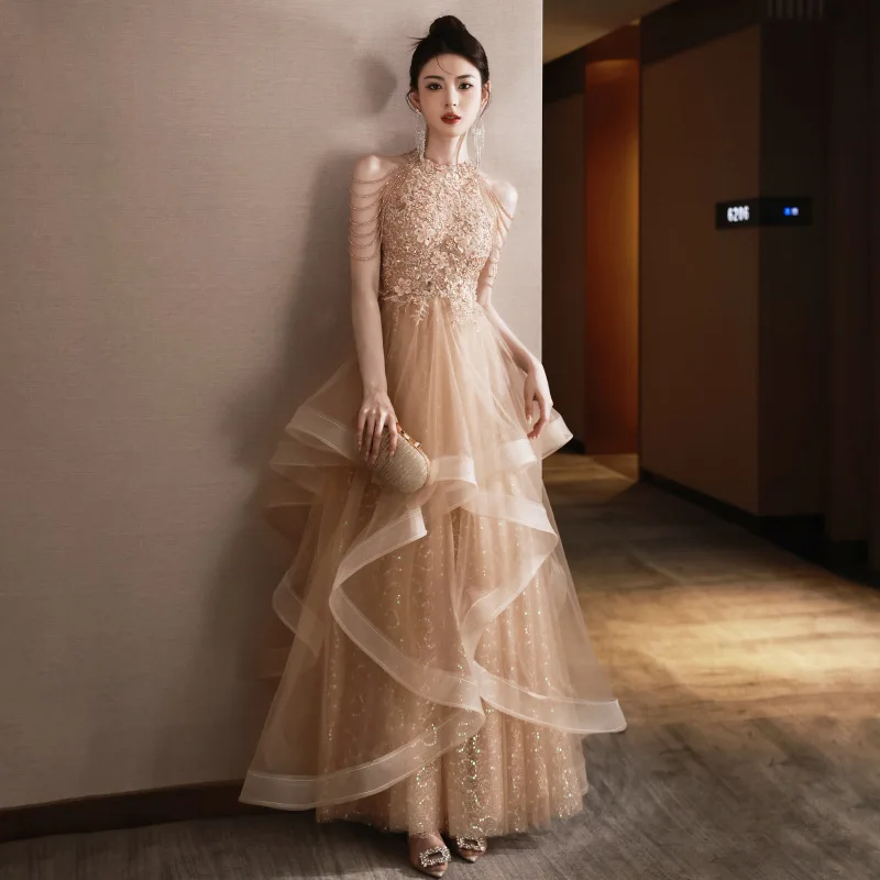 Vestido de noche dorado con cuello redondo para mujer, vestidos de noche elegantes para banquete de boda, vestido Formal de fiesta, vestidos de graduación, vestido de lujo