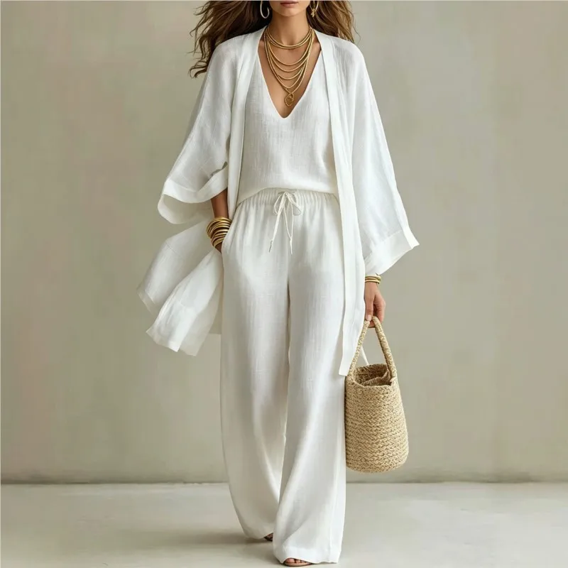 

Solid Color Elegant Casual Advanced Fashion Comfort Coat With Tank Top Three Piece Pants Set 2026 New Spring/Summer Pants Set